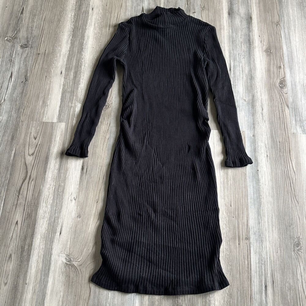 Gap Maternity Black Long Sleeve Ribbed Stretch Mock Neck Midi Sweater Dress Sz S